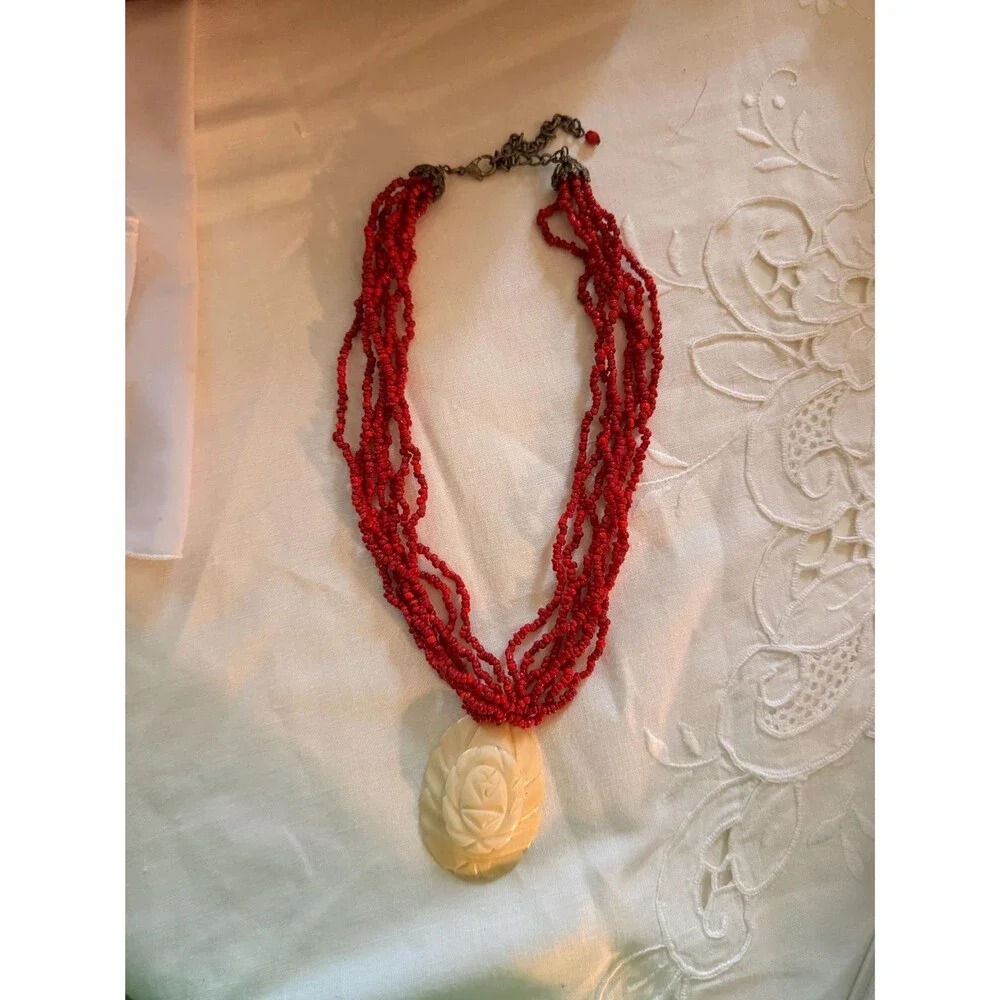Vintage Red Multi Strand Beaded Necklace | Hand Carved Floral Pendant, Boho Stat